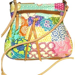 Fossil Vintage Multi-Color Floral Leather Credit Card Zip Cross Body Messenger